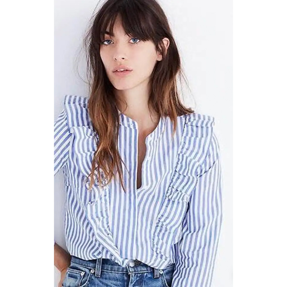 Madewell Whitney Striped Ruffle Button Front Blouse Blue White Small